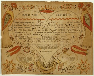 Fødsels- og dåbsattest, ca. 1790-1800 (tusch, akvarel og gravering på bindet papir) af Friedrich Krebs