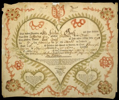 Fødsels- og dåbsattest, ca. 1800 (oxgall blæk, akvarel og gravering på lagt papir) af Friedrich Krebs