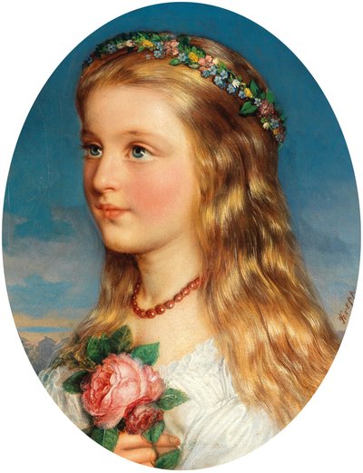 Friedrich Krepp Portræt af en pige med en krans af blomster og roser af Friedrich Krepp