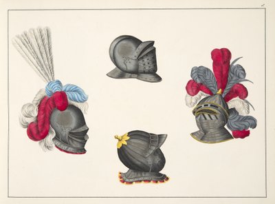 Hjelme, plade fra "A History of the Development and Customs of Chivalry", af Dr. Franz Kottenkamp, udgivet af Carl Hoffmann, 1842 af Friedrich Martin von Reibisch