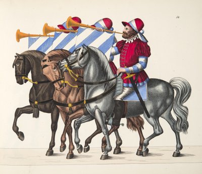 Tre musikere ved en turnering, tavle fra A History of the Development and Customs of Chivalry, af Dr. Franz Kottenkamp, udgivet af Carl Hoffmann, 1842 af Friedrich Martin von Reibisch