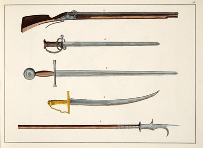 Våben inklusive sværd og spyd, ca. 1400, plade fra A History of the Development and Customs of Chivalry, af Dr. Franz Kottenkamp, udgivet af Carl Hoffmann, 1842 af Friedrich Martin von Reibisch