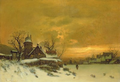 Vinterlandskab med udsigt til bygninger om aftenen af Friedrich Nicolai Joseph Heydendahl