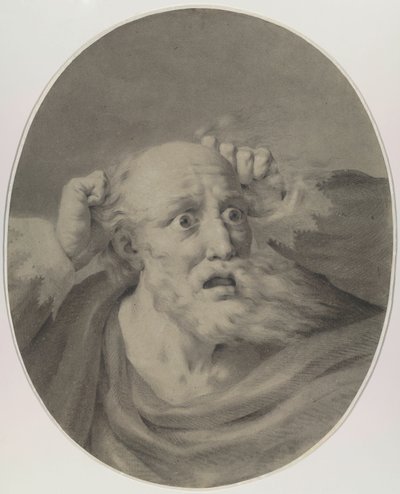 Gammel mand med skæg, der roder i håret. af Friedrich Rehberg