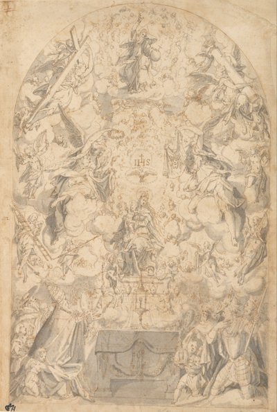 Madonna og barn med engle, der bærer symboler på lidelseshistorien af Friedrich Sustris