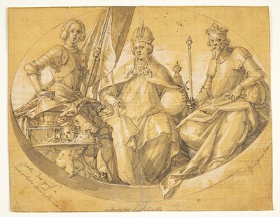 Udkast til et ovalt loftsmaleri(?) forestillende kongerne Otto den Store (912-973), Ludvig den Rige (1417-1479) og Ruprecht (1352-1410) af Friedrich Sustris