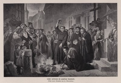Martin Luther brænder den pavelige tyr i Wittenberg, Tyskland af Friedrich Wilhelm Heinrich Martersteig
