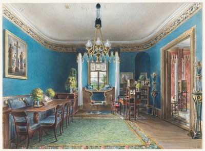 Tegning, Det blå værelse, Schloss Fischbach, 1846 af Friedrich Wilhelm Klose