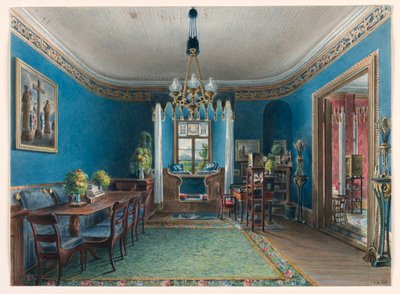 Tegning, Det blå værelse, Schloss Fischbach, 1846 af Friedrich Wilhelm Klose