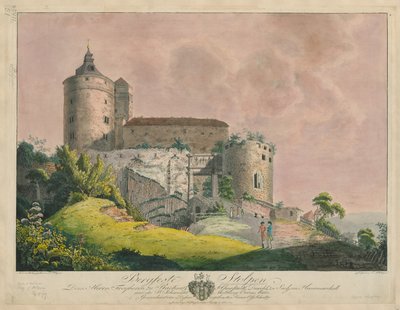Bergfeste Stolpen, ca. 1800 (farvet stik) af Friedrich or Johann Friedrich Wizani