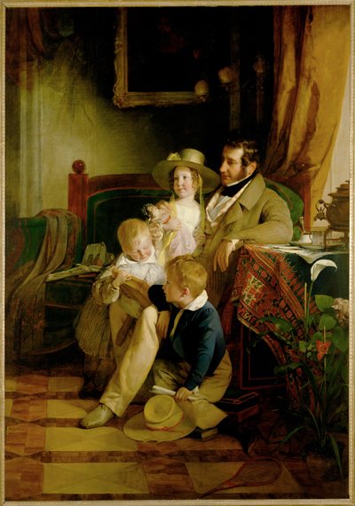 Rudolf von Arthaber og hans børn Rudolf Emilie og Gustav ser på billedet af deres afdøde kone og mor ... (maleri på lærred) af Friedrich von Amerling