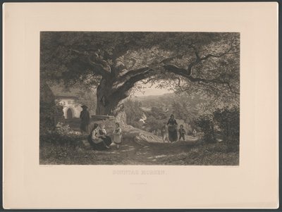 Landsbyudsigt med beboere i søndagstøj Sonntag i morgen (titel på objekt) af Fritz Dinger