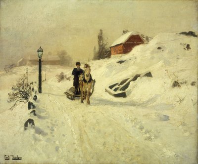 En hestetrukket slæde i et vinterlandskab af Frits Thaulow