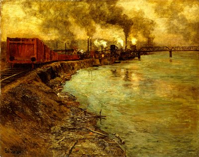Godstog, skumring, af Frits Thaulow