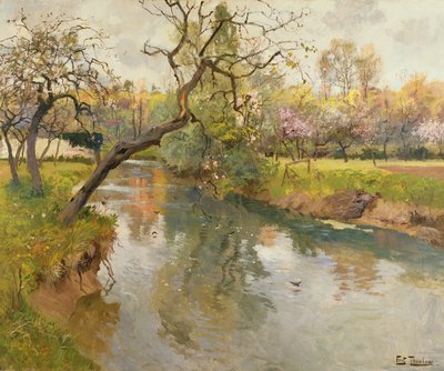 Fransk flodlandskab med et blomstrende træ af Frits Thaulow