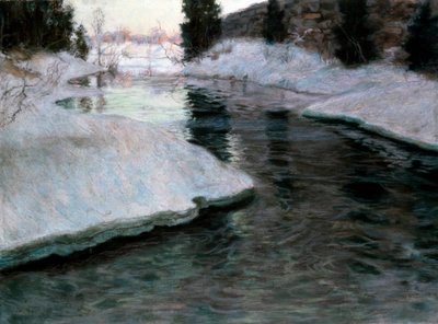Isens optøning: Lysaker-floden. Maleri af Fritz Thaulow (1847-1906). Pastel på lærred. Privat samling. af Fritz Thaulow