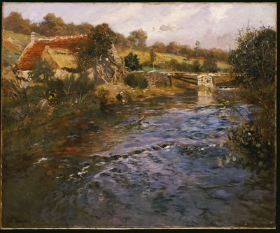Flodlandskab med en vaskekone af Frits Thaulow