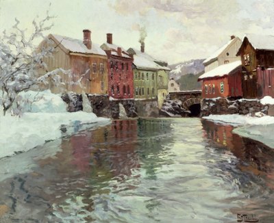 Snedækkede bygninger ved en flod af Frits Thaulow