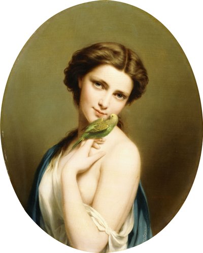 En ung skønhed med en parakit, af Fritz Zuber Buhler