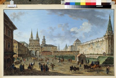 Moskva, Udsigt over Opstandelsesporten ved Den Røde Plads. Maleri af Fjodor Yakovlevich Alexeev (1753-1824). Akvarel og gouache på papir, 58,2 x 91,2 cm, ca. 1801. Russisk kunst, klassicisme. Museum af af Fyodor Yakovlevich Alexeev