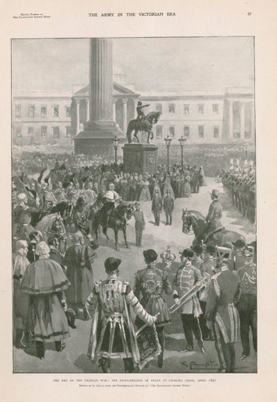 Afslutningen på Krimkrigen: proklamation af fred ved Charing Cross, London, april 1856 (fotogravure) af G.S. (after) Amato