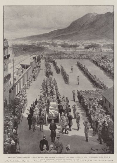 Cape Towns sidste farvel til Cecil Rhodes, Cortege ankommer til Cape Town Station for at deltage i begravelsestoget, 3. april af G.S. Amato