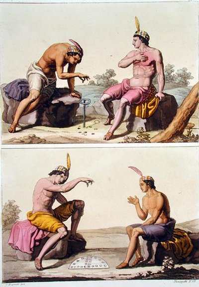 Indianere, der spiller Queciu (øverst) og Porotos (nederst), Chile, fra 