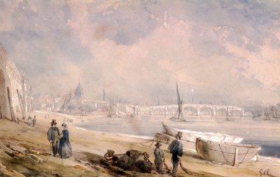 Themsen ved lavvande og Blackfriars Bridge, London, 1847 af G Chaumont