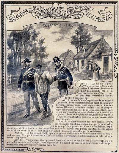 1789: Erklæring om menneskets og borgerens rettigheder: Respekt for loven. Indgravering i "Den unikke bog om etik og borgerinstruktion, beregnet til elever på de tre kurser i folkeskolen og de i de primære klasser på Lycees og Colleges, Deuxi af G. Dascher