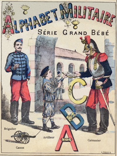 Cover af "Military Alphabet", Grand-Bebe-serien. Gravering. Pont-a-Mousson billeddannelse. Louis Vagne, Trykker-Forlag, ca. 1900. Illustrationer af G. Dascher. 20 sider. Mål: 31,5x24,5cm af G. Dascher