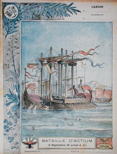 Omslag til skoleøvelsesbog, der illustrerer slaget ved Actium, 2. september 31 f.Kr., ca. 1900 (farve litho) af G. Dascher