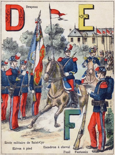Brev D E F: Flag, Military School of Saint-Cyr (Saint Cyr), Eleves til fods, hesteskvadron, rifle og fantassin, c.1900 (litograf) af G. Dascher