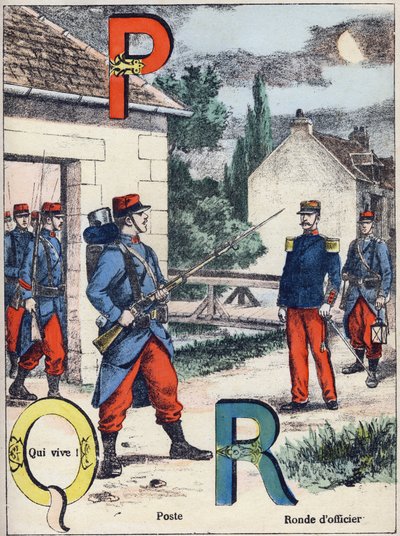 Bogstaverne P Q og R: Post, Qui vive! og Officersrunden. Indgravering i "Alphabet militaire", Grand-Bebe-serien. Gravering. Pont-a-Mousson billeddannelse. Louis Vagne, Trykker-Forlag, ca. 1900. Illustrationer af G. Dascher. 20 sider. Mål: 31,5x24,5cm af G. Dascher