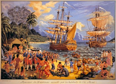 Jean Francois Galaup de Laperouse budt velkommen af indbyggerne på Mawee Island på Sandwichøerne i Stillehavet (farve litho) af G. Delcausse