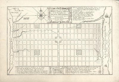 Den første plan for Philadelphia, udtænkt af William Penn og Thomas Holme i 1682, 1684 af G. Drogenham