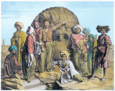 Arkæolog Bernardino Drovetti måler et kolossalt hoved i den egyptiske ørken, 1819 af G Engelmann