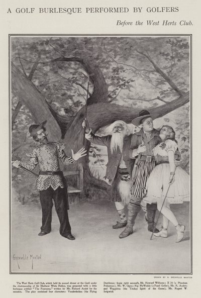 En golfburlesk udført af golfspillere ved West Herts Clubs årlige middag (litho) af G. Grenville Manton
