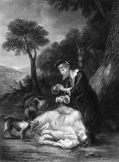 Han forbandt sine sår og hældte olie og vin i omkring 1830