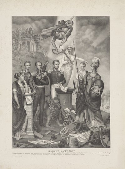 Allegori om pagten mellem prins og folk, 1832 Eendragt gør Magt / Zinnebeeldig præsenteret til minde om den herlige og generøse Eendracht mellem Prins og Folk med det formål at opretholde og forsvare hollandske rettigheder (titel o af G. Havius Zanders