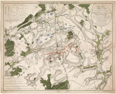 Kort van de Slag bij Waterloo, 1815 Battle of Waterloo / Plan for Battlefield of Waterloo kaldet Belle-Alliance. Mindeværdig sejr vundet den 18. juni 1815 af de allierede hære (...) (titel på objekt) af G. Jacowick