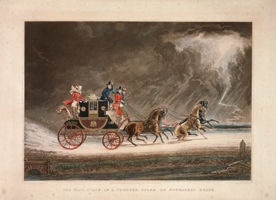 Postvognen i et tordenvejr på Newmarket Heath, Suffolk, 1827. af G Reeves