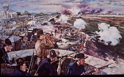 Spansk-amerikansk krig 1898, amerikansk artilleri i aktion i Filippinerne (akvarel på papir) af G. W. Peters