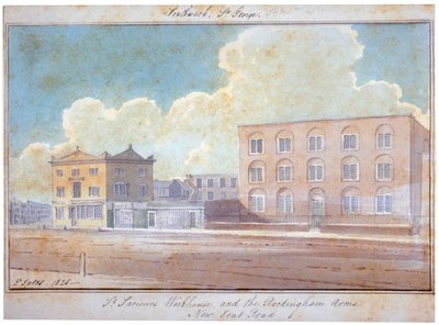 St Saviours arbejdshus og Rockingham Arms Inn, New Kent Road, Southwark, London, 1825 af G Yates
