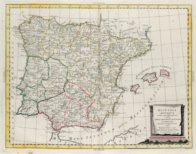 Det gamle Spanien opdelt i tre adskilte områder, nemlig Terraconensis, Lusitania og Baetica og også opdelt i folk, indgravering af G. Zuliani hentet fra Tome I af "Nyeste Atlas" udgivet i Venedig i 1785 af Antonio Zatta, Privat Samling af G. Zuliani