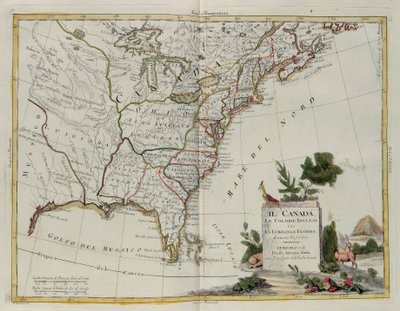 Canada, de engelske kolonier med Louisiana og Florida, gravering af G. Zuliani hentet fra Tome I of the Newest Atlas udgivet i Venedig i 1778 af Antonio Zatta, Private Collection af G. Zuliani