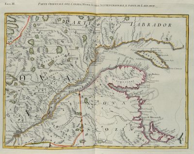 Den østlige del af Canada, det nordlige Nova Scotia og en del af Labrador, gravering af G. Zuliani hentet fra Tome I af "Newest Atlas" udgivet i Venedig i 1778 af Antonio Zatta, Privat Samling af G. Zuliani