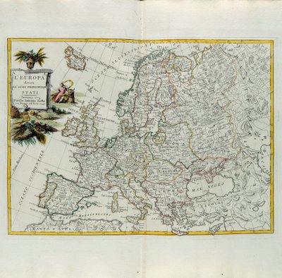 Europa opdelt i dets hovedstater, gravering af G. Zuliani taget fra Tome I af det nyeste atlas udgivet i Venedig i 1776 af Antonio Zatta, Privatsamling af G. Zuliani