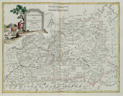 Extremadura og Castilla la Nueva, gravering af G. Zuliani hentet fra Tome I af det nyeste atlas udgivet i Venedig i 1776 af Antonio Zatta, privat samling af G. Zuliani