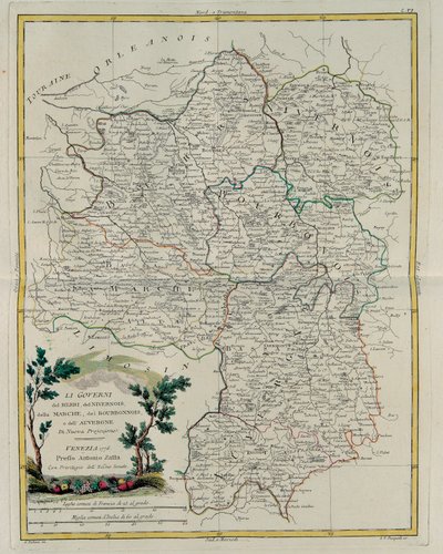Styring af Berri, Nivernois, Marche, Bourbon og Auvergne, gravering af G. Zuliani hentet fra Tome I af det nyeste atlas udgivet i Venedig i 1776 af Antonio Zatta, privat samling af G. Zuliani