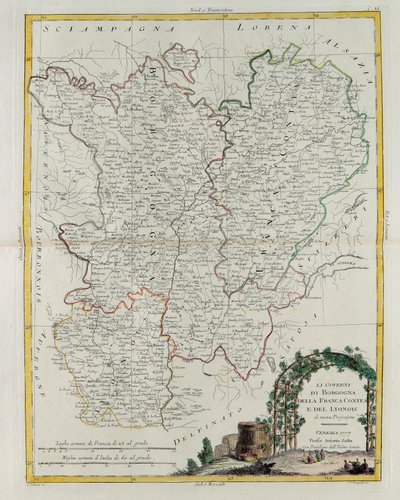 Governances of Bourgogne, Franca Contea og Lyons, gravering af G. Zuliani hentet fra Tome I of the Newest Atlas udgivet i Venedig i 1777 af Antonio Zatta, Privat Samling af G. Zuliani